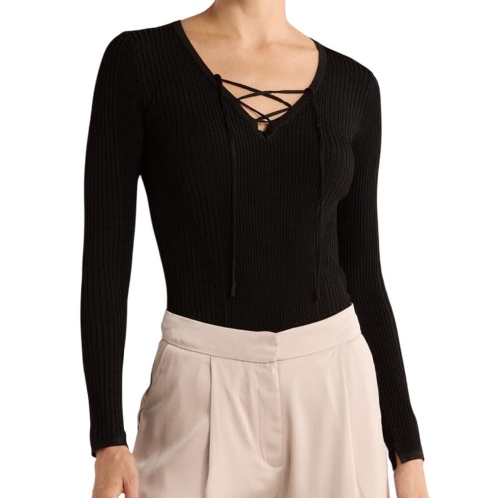 Jason Wu Criss Cross Tie Sweater Ribbed Knit Black Stretch Size M Quiet Luxury